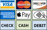 payments accepted Visa Mastercard Discover AmericanExpress Check Cash Debit Apple Pay Tap to Pay